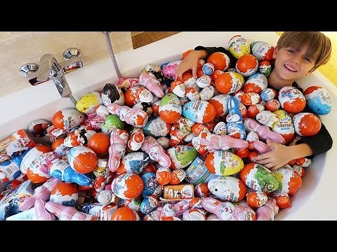 Kinder Surprise Eggs Bath - Batman Spider Man and Barbie Toys