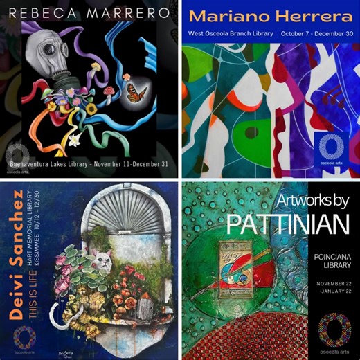 Osceola Arts and the Osceola Library System proudly continue their partnership through the “Arts in Public Places” program. This initiative highlights original works by Central Florida artists, bringing vibrant artistic and unique cultural experiences to the community while enhancing the Library's environment. The program extends across multiple library branches, including: Hart Memorial Library Buenaventura Lakes Branch Library Veterans Memorial St. Cloud Library West Osceola Branch Poinciana L