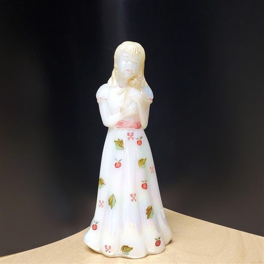 Fenton Litle Sister Figurine With Teddy Bear, Glass Statue Apples Leaves Iridized 95th Anniversary Signed Hand Painted 7" - Etsy