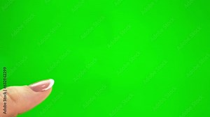 Green background chromakey space for advertising text woman Finger clicks in places squeezes touchpad computer laptop technology touch screen