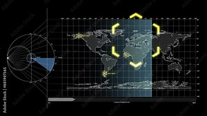 world map mission animation, hi-tech digital world mapping hologram, world map interface, futuristic world screen scan