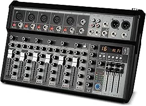 Depusheng Professional Audio Mixer, 7 Channel Audio Interface Sound Board Mixing Console System, 16-Bit DSP DJ Bluetooth Mixer +48V Phantom Effect For Karaoke Studio Streaming Recording (XT7)