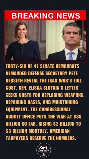 46 of 47 Senate Democrats Demand Hegseth Reveal Iran War Costs as CBO Puts Price at $38 Billion