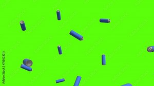 Spray paint cans background. Falling sky blue spray cans over green screen or chroma key. Rain of spray paint cans across the screen.