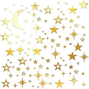 Shappy 100 Pcs Acrylic Moon Star Mirror Wall Stickers Decal 3D Acrylic Mirror Stickers Removable Decal for Room Good Night Nursery House Bedroom Wall Decor(Gold)