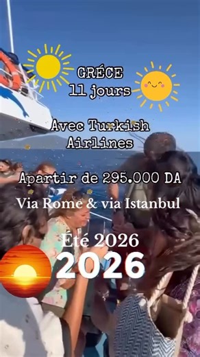 DAM TOURS Agence de Voyage on Instagram: "ÉTÉ 2026 VIA ROME 10 JOURS APARTIR DE 295.000 DA avec ITA Airline : Billet + Transfert + Hébergement + assistance + accompagnateur + rdv & assistance dépôt de visa VIA ISTANBUL (VIP CONFORT) 11 JOURS EN GRÉCE APARTIR DE 315.000 DA (2 bagages de 23 kg inclus) AVEC TURKISH AIRLINES AIRLINES Billet + Transfert + Hébergement + assistance + accompagnateur + rdv & assistance dépôt de visa Un programme riche d’excursions et de croisieres ( Meheore, Athènes, The