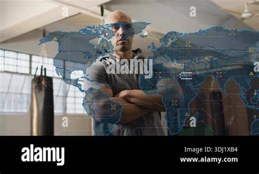 Trainer pausing in gym sparking world map fading expanding tech overlay visualizing hazards pulsing. Fitness, technology, connectivity, urban, innovation, digital, athletic Stock Video Footage - Alamy