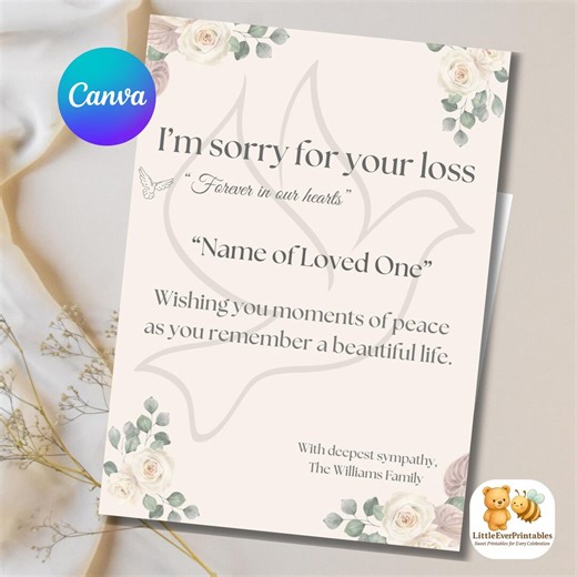 Editable Sympathy Card Template Printable, Condolence Funeral Memorial Card, Sorry for Your Loss Canva Template, Instant Download - Etsy