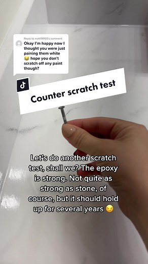 Replying to @matt19955 epoxy is pretty steong! Not as strong as granite, but it’s not scratching off anytime soon. #diy #diytiktok #diytok #epoxycountertops #epoxycountertop #paintedcountertops #bathroommakeover