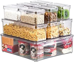 Fridge Organizer Bin, Stackable Refrigerator Organizer with Lids Fridge Storage Clear Containers Storage Bins for Fruits/Food in Pantry, Countertop, Set of10 Fridge Organizer with 3 Sizes