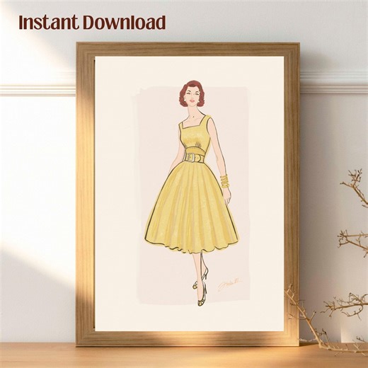 Retro Fashion Woman Illustration Mid Century Yellow Dress Art Feminine Vintage Printable Wall Decor Digital Download Gift Idea - Etsy