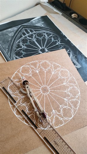 Gothic Geometry | Lucie Rose Galvani on Instagram: "🔗See the link in bio for details and registration for the online geometry course 😊🦚 🗓️ 22-23 November 2025 With @clarissagrandi.art and myself! One session of geometry & one session of illustration 📏🎨 *Note: the use of the ruling pen (used with white ink in the video) is not part of the course, I use it here to showcase the pattern. 🙂 Ideally you have done a little bit of geometry before, 