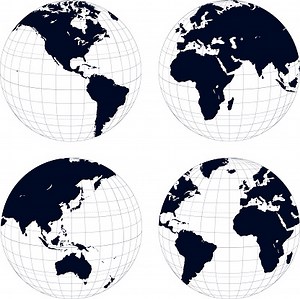 Earth meridians and parallels four globes different views, vector.