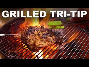 Mustard-rubbed beef tri-tip with grilled leeks