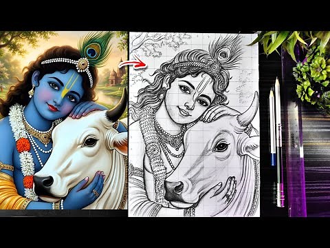 Krishna Drawing❤️, Janmashtami Drawing, How To Draw Lord Krishna With Cow, Step By Step Tutorial