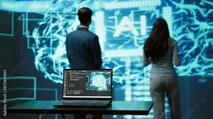 Engineers use AR tech to visualize AI neural networks brain, solving company problems. IT professionals using artificial intelligence augmented reality hologram, camera A