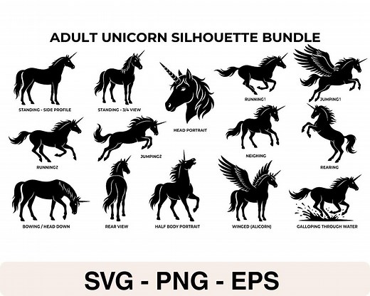 Unicorn Poses SVG Bundle, Adult Unicorn Silhouette, Running Jumping Actions - Etsy