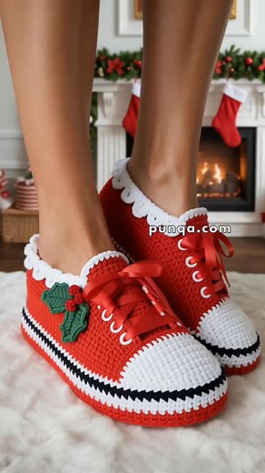Free pattern link: https://punqa.com/free-holly-jolly-christmas-sneakers-crochet-pattern/ | Punqa