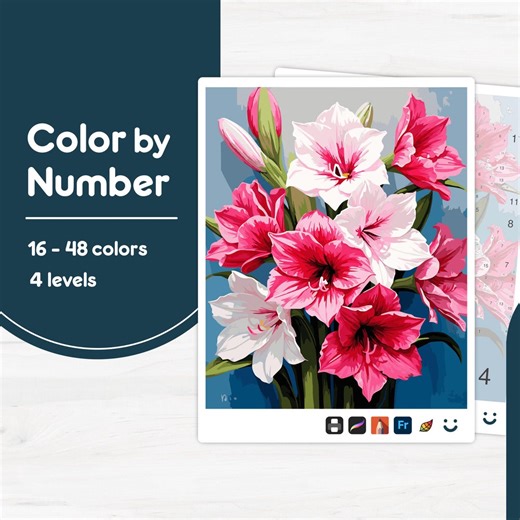 Pink and White Flowers - Color by Number - Digital & Printable - 4 Levels - Etsy