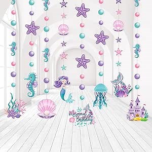 Cindeer 8 Pcs Mermaid Birthday Party Decorations Summer Under The Sea Garlands Ocean Castle Hanging Banner Pearl Jellyfish Starfish Ceiling Streamers for Kids Girls Baby Shower Wedding Party Supplies