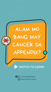 Ano ang cancer sa appendix? Watch this & share it to raise cancer awareness in the Philippines. #CancerAwareness #CancerEducation #cancersymptoms #appendixcancer #cancerinthephilippines #CancerPrevention #healthyPilipinas #CancerExpertsPH #UsapangKalusugan #EarlyDetection | Cancer Experts: Philippine Society of Medical Oncology