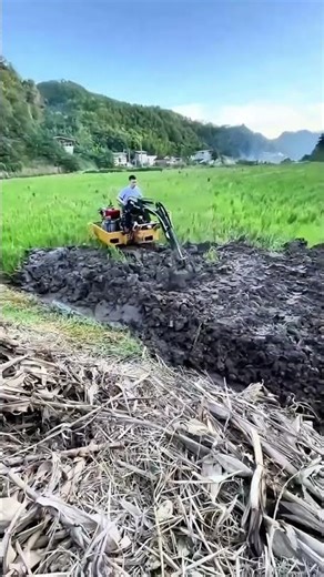 Modern Farming Experience: Mini Excavator Assists Paddy Field Trenching!