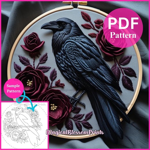 Raven Hand Embroidery Pattern Pdf-fall Embroidery Template-flowers Crow Design Template-celestial Bird Design-embroidered Raven Patterns DIY - Etsy