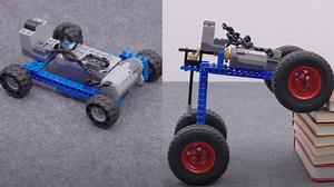 LEGO Car Triumphs Over Obstacles and Crosses a Tiny Bridge
