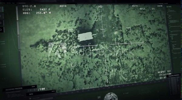 Automated Combat Missile Weapon Interface Focuses On A Military Tank Vehicle. Modern Combat Missile Software Interface With Night-vision Mode. Combat Missile Interface In Secret Surveillance Mission.