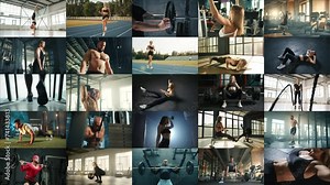 This collage showcases 25 distinctive videos where each frame captures a different fitness exercise, from intensive weightlifting to dynamic stretching and cardio workouts.