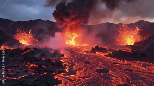 Active Volcanic Eruption with Lava Flow - This video shows a dramatic volcanic eruption with lava flowing across the landscape, accompanied by plumes of smoke and ash rising into the sky.