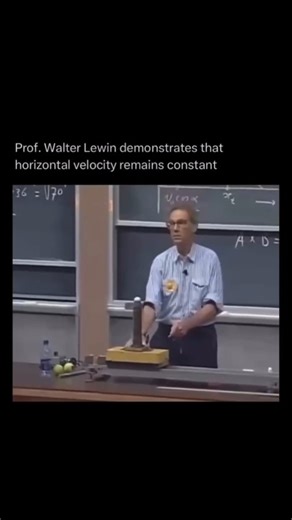 Physics on Instagram: "Prof. Walter Lewin used a moving launcher to test a basic rule of physics. A ball was fired straight upward while the machine moved forward at a constant speed. Intuition suggested the machine would roll ahead of the ball. That didn't happen. The ball fell straight back into the launcher. Its horizontal speed stayed exactly the same as the machine's from the moment it was released. Gravity only affected the vertical motion. The experiment demonstrated Galilean relativity a