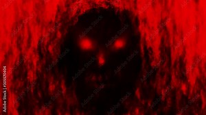 Scary demon face in the hood from nightmares. Looped animation in genre of horror. Black and red color.