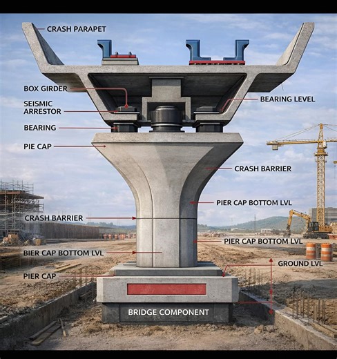 🌉🏗️ Anatomy of a Modern Bridge Pier Structure A technical breakdown highlighting key bridge components—such as bearings, box girders, and crash barriers—designed to ensure strength, stability, and safety 🚧🔩 #DSE #civil #steel #Concrete #cement #construction #civilengineering #contractor #building #architecture #TBT #loading #design #edit #educacion #quality #happy #electrical #electrician #home #House #power #knowledge #knowledgeispower #rockstar #roadtrip #asphalt | DSE