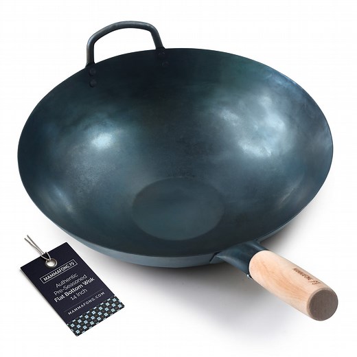 Pre-Seasoned Blue Carbon Steel Hand Hammered Flat Bottom Pow Wok - 14" with Helper Handle