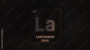 Lanthanum as Element 57 of the Periodic Table. Seamlessly looping 3D animation on grey illuminated atom design background with orbiting electrons. Design shows name, atomic weight and element number