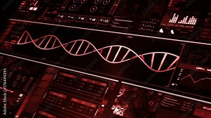 Perspective view of red futuristic interface/Digital screen/Detailed abstract background. Blinking and switching indicators of command center computer,processing data, AI.