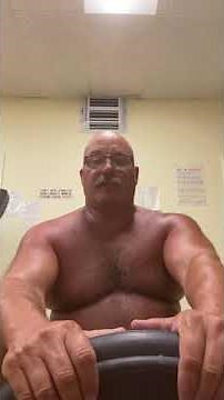 56 yo moustached Tanned sweaty furry muscle dad with padding chest exercise