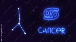 Horoscope, zodiac sign Cancer in a constellation of bright stars connected by luminous lines. Animation of a sign in the moving cosmic night sky. The symbol of the constellation and horoscope.