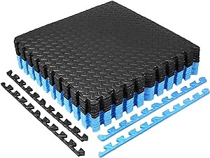 1/2" Puzzle Exercise Mats for Home Workout Mat Interlocking Floor Mats for Exercise Equipment EVA Form Play Mat Women/Men/Adult/ Home Activity Gym Mat Flooring for Garage 6 Black 6 Blue Tile 24"x24 In