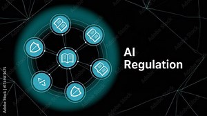 AI Regulation: A visual depiction of AI regulation, symbolized by a network of interconnected elements including code, shield, and text.