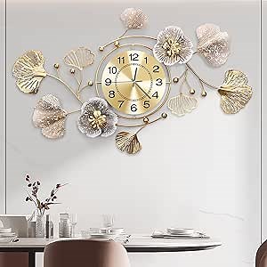 JXQXYN Clocks for Living Room, Large Wall Clock, 3D Silent Wall Clock, Retro Metal Ginkgo Leaf Design, for Bedroom Kitchen Decorative Wall Clocks（35''x20'' ）