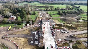 Drone shot of the HS2 route construction near Aylesbury town on a sunny day, England, UK