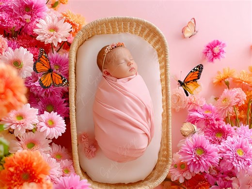 Floral Newborn Digital Backdrop, Pink Spring Baby Photography Background - Etsy