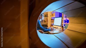 Viewed through a cardboard tunnel, a young child watches their father work from a home office, blending family life and remote work