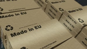 Made in EU box production line. Manufacturing and delivery. Product factory, import and export. Abstract concept 3d rendering loopable seamless animation.