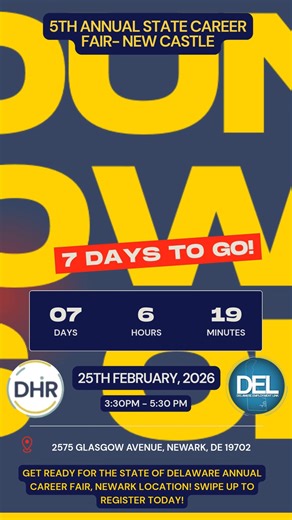 Register to attend the New Castle Delaware State Career Fair! https://statejobs.delaware.gov/events/registration.shtml?fbclid=IwY2xjawQCqDFleHRuA2FlbQIxMABicmlkETJnMTBNWGVaOExydlFiU1VVc3J0YwZhcHBfaWQQMjIyMDM5MTc4ODIwMDg5MgABHqkxtyk0x4zgIjCtRsfg2GfdxiH-eGgPg2aKb2mMEXc5INseQPYehPid_DeZ_aem_0oMQoBEdmEcxZZ4un5pT4g | Delaware State Jobs