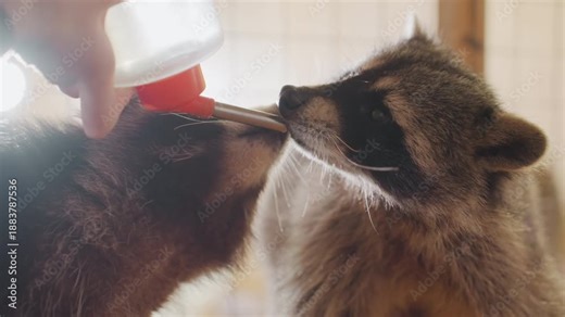 baby raccoon bottle feeding indoors warm backlight wildlife rehabilitator hand holds nipple while orphaned kit laps milk, soft fur and whiskers highlighted by sunlight, intimate closeup showing