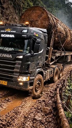 Scania hauling giant logs through mud 😳 #Scania #HeavyHaul #MudRoad