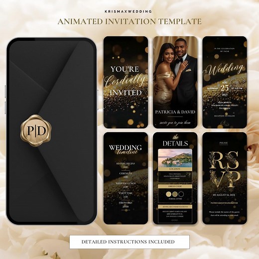 Animated Wedding Invitation, DIY Template Canva, Modern Black and Gold Luxury Digital Wedding Video Invite, Wedding Einvite - Etsy